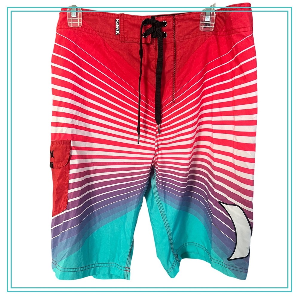 Hurley Mens Board Short Size 34 Red Teal Sunburst Striped Swim Trunks MBS0004710